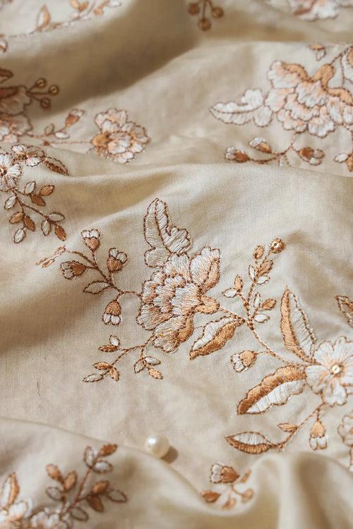 Beige Color Thread With Gold Sequins Floral Embroidery On Cream Pure Bamboo Silk Fabric