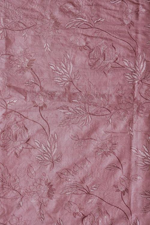 Mauve Thread With Gold Sequins Leafy Embroidery On Mauve Pure Bamboo Silk Fabric