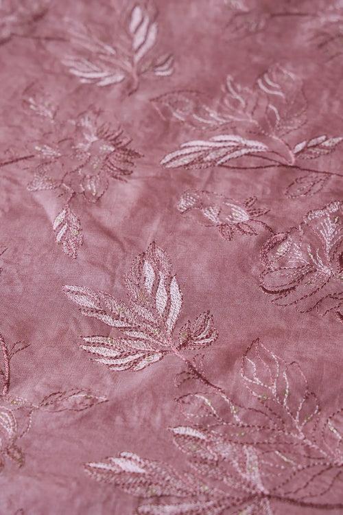 Mauve Thread With Gold Sequins Leafy Embroidery On Mauve Pure Bamboo Silk Fabric