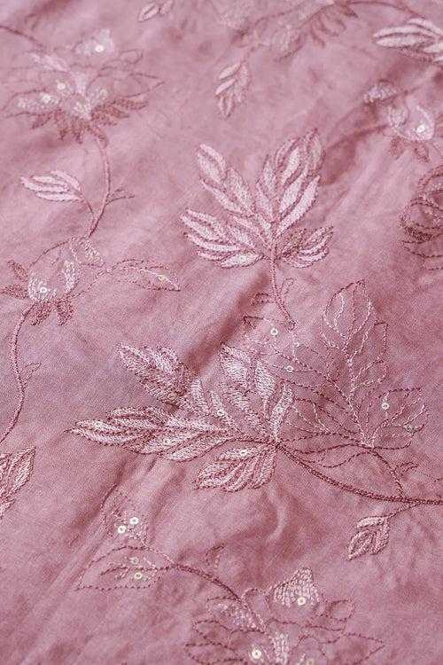 Mauve Thread With Gold Sequins Leafy Embroidery On Mauve Pure Bamboo Silk Fabric