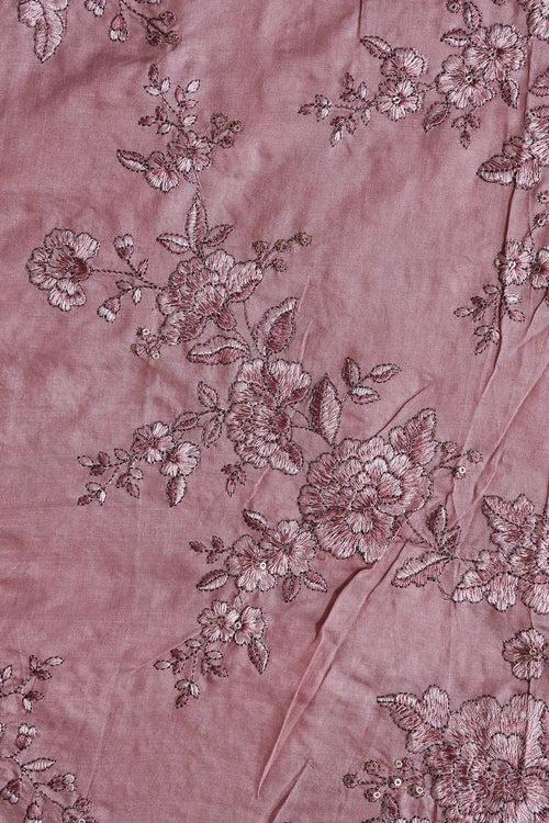 Mauve Color Thread With Gold Sequins Floral Embroidery On Mauve Pure Bamboo Silk Fabric