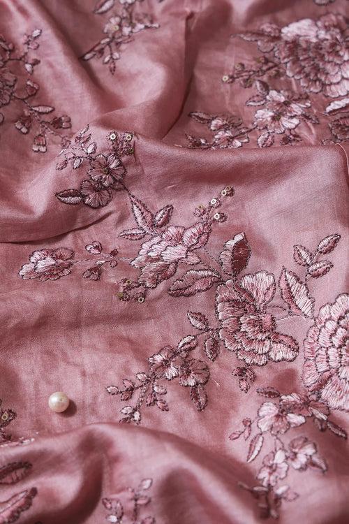 Mauve Color Thread With Gold Sequins Floral Embroidery On Mauve Pure Bamboo Silk Fabric