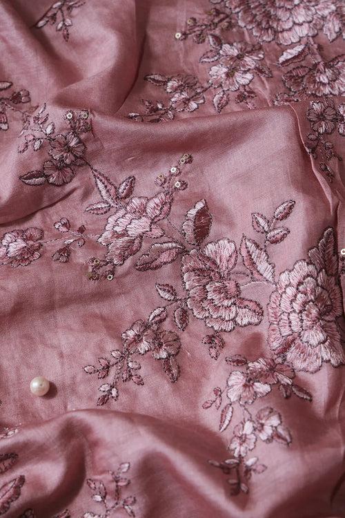 Mauve Color Thread With Gold Sequins Floral Embroidery On Mauve Pure Bamboo Silk Fabric