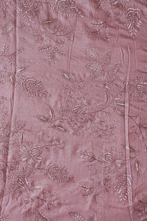 Mauve Thread With Gold Sequins Floral Embroidery On Mauve Pure Bamboo Silk Fabric