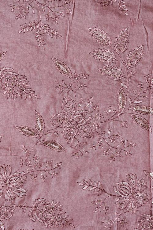 Mauve Thread With Gold Sequins Floral Embroidery On Mauve Pure Bamboo Silk Fabric