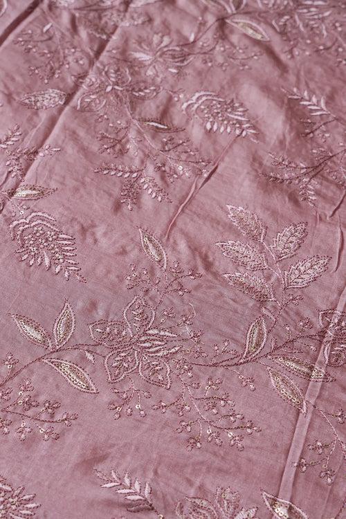 Mauve Thread With Gold Sequins Floral Embroidery On Mauve Pure Bamboo Silk Fabric