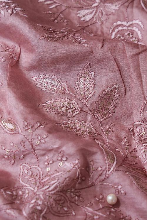 Mauve Thread With Gold Sequins Floral Embroidery On Mauve Pure Bamboo Silk Fabric