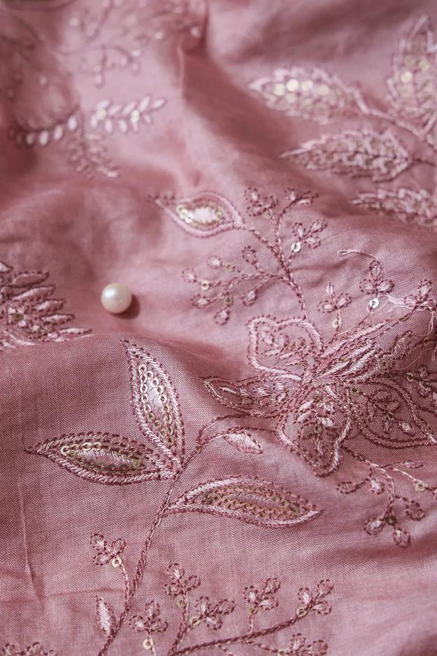 Mauve Thread With Gold Sequins Floral Embroidery On Mauve Pure Bamboo Silk Fabric