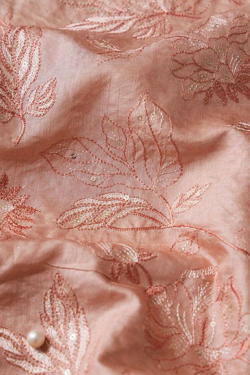 Peach Thread With Gold Sequins Leafy Embroidery On Peach Pure Bamboo Silk Fabric