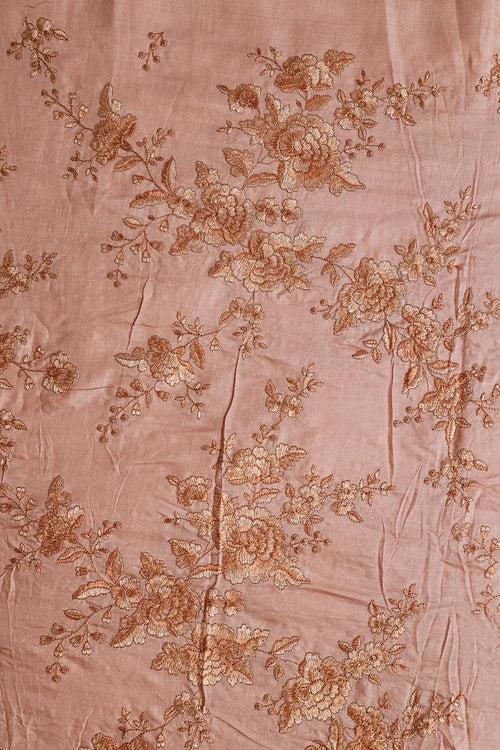 Peach Color Thread With Gold Sequins Floral Embroidery On Peach Pure Bamboo Silk Fabric