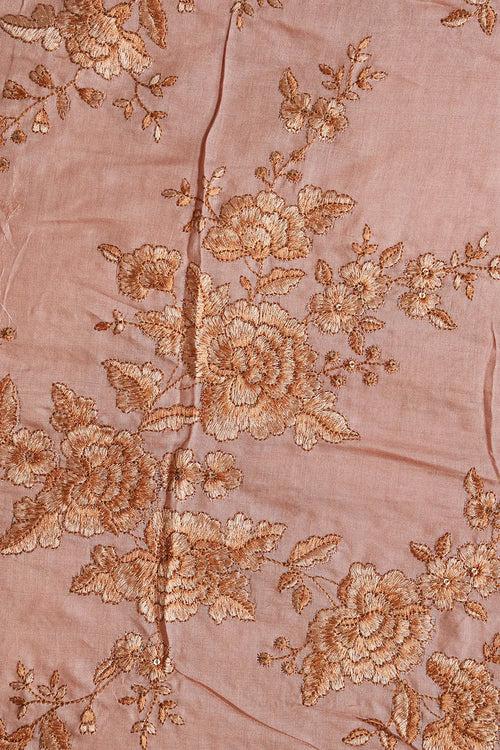 Peach Color Thread With Gold Sequins Floral Embroidery On Peach Pure Bamboo Silk Fabric