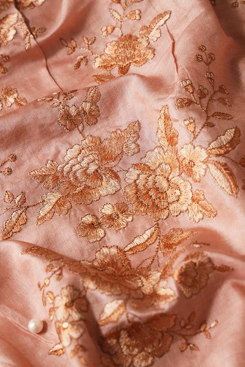 Peach Color Thread With Gold Sequins Floral Embroidery On Peach Pure Bamboo Silk Fabric