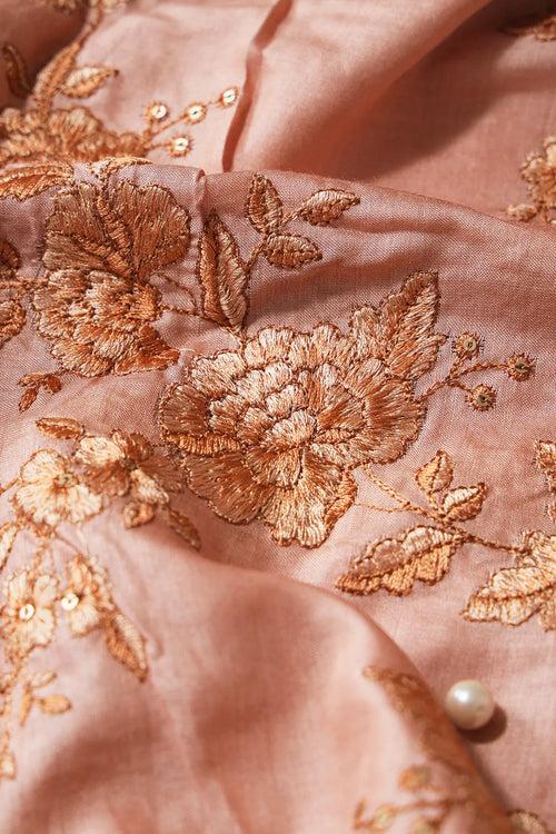 Peach Color Thread With Gold Sequins Floral Embroidery On Peach Pure Bamboo Silk Fabric