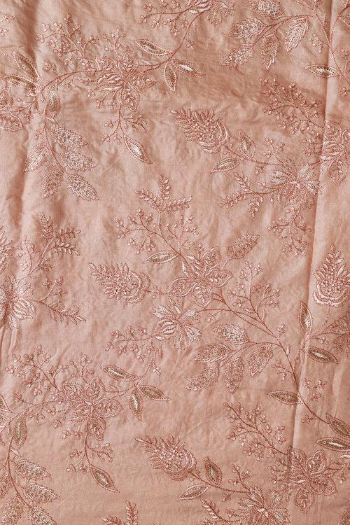 Peach Thread With Gold Sequins Floral Embroidery On Peach Pure Bamboo Silk Fabric