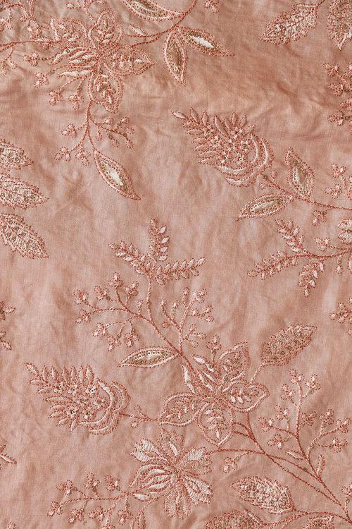 Peach Thread With Gold Sequins Floral Embroidery On Peach Pure Bamboo Silk Fabric