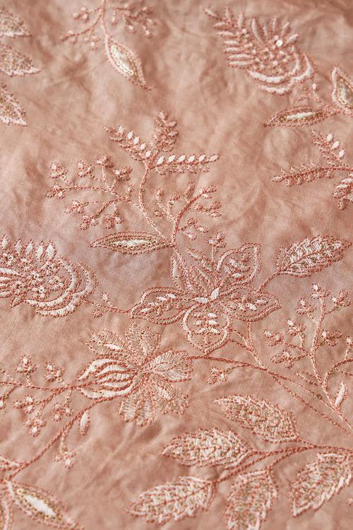 Peach Thread With Gold Sequins Floral Embroidery On Peach Pure Bamboo Silk Fabric