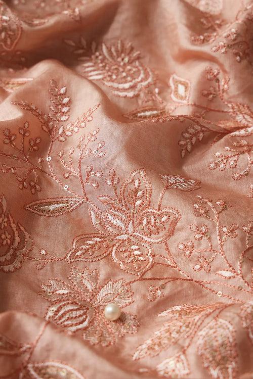 Peach Thread With Gold Sequins Floral Embroidery On Peach Pure Bamboo Silk Fabric