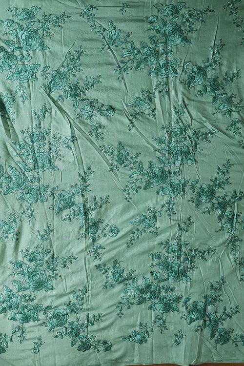 Teal Color Thread With Gold Sequins Floral Embroidery On Olive Pure Bamboo Silk Fabric