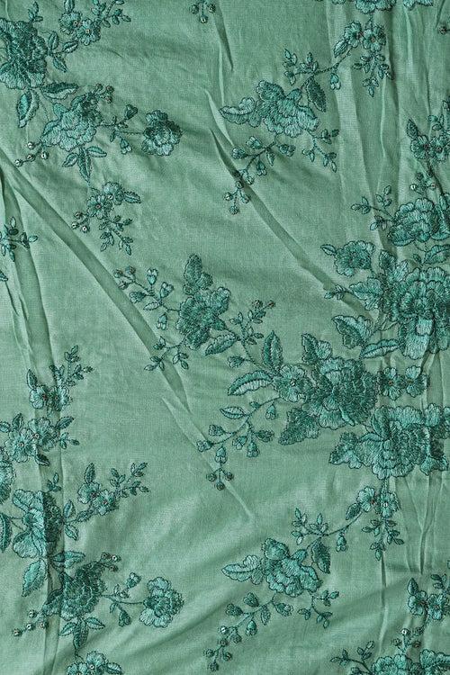 Teal Color Thread With Gold Sequins Floral Embroidery On Olive Pure Bamboo Silk Fabric