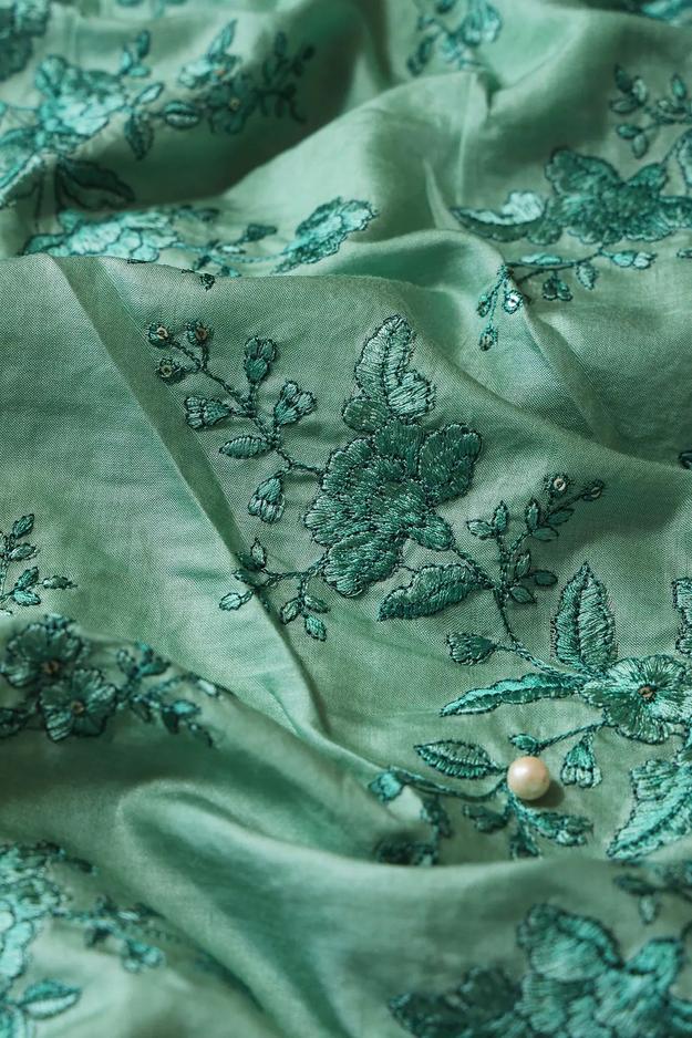 Teal Color Thread With Gold Sequins Floral Embroidery On Olive Pure Bamboo Silk Fabric