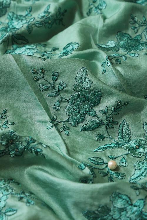 Teal Color Thread With Gold Sequins Floral Embroidery On Olive Pure Bamboo Silk Fabric