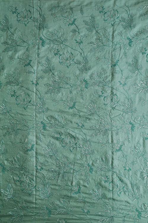 Teal Thread With Gold Sequins Leafy Embroidery On Olive Pure Bamboo Silk Fabric