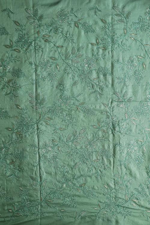 Teal Thread With Gold Sequins Leafy Embroidery On Olive Pure Bamboo Silk Fabric