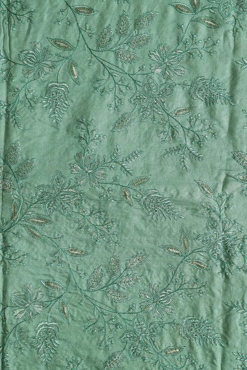 Teal Thread With Gold Sequins Leafy Embroidery On Olive Pure Bamboo Silk Fabric