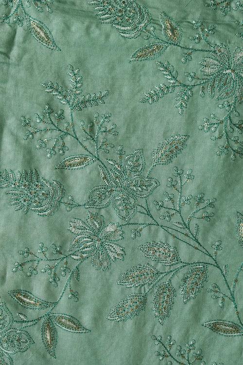 Teal Thread With Gold Sequins Leafy Embroidery On Olive Pure Bamboo Silk Fabric