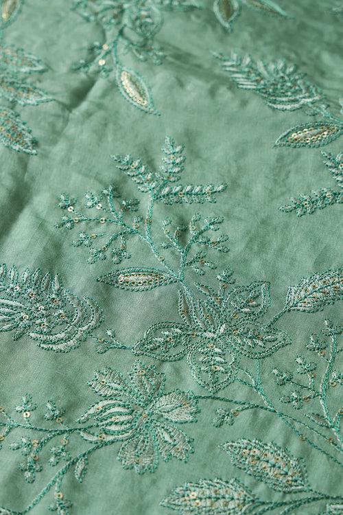 Teal Thread With Gold Sequins Leafy Embroidery On Olive Pure Bamboo Silk Fabric