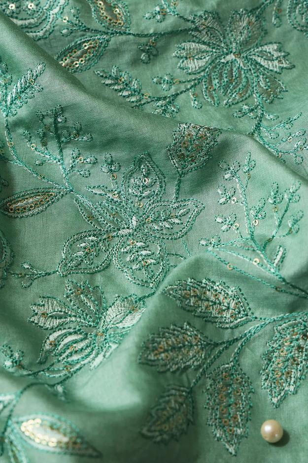 Teal Thread With Gold Sequins Leafy Embroidery On Olive Pure Bamboo Silk Fabric