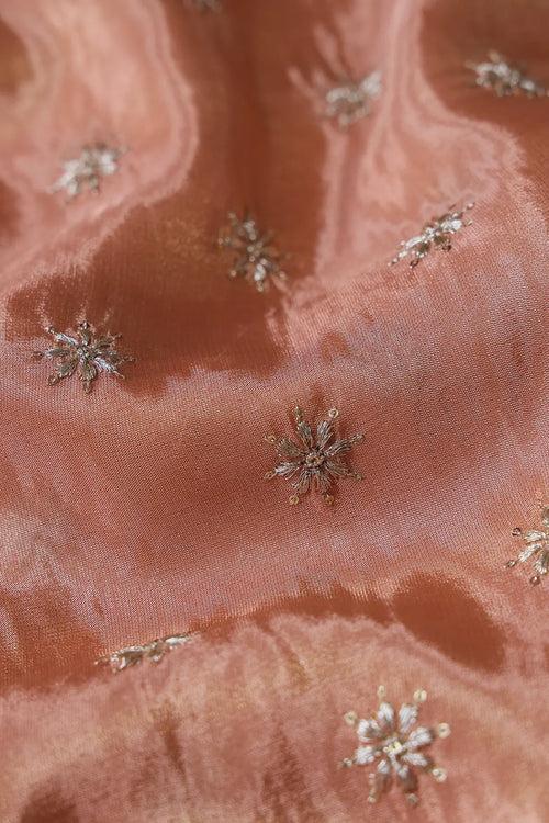 Gold Zari With Sequins Small Floral Booti Embroidery Work On Peach Pure Viscose Zari Tissue Fabric