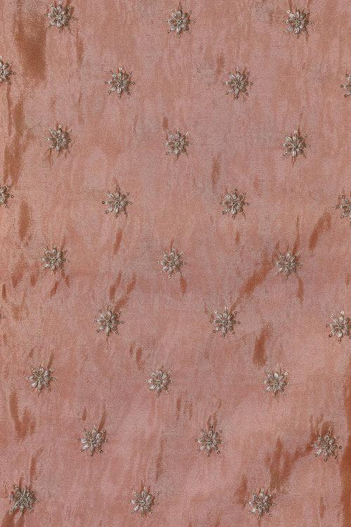 Gold Zari With Sequins Small Floral Booti Embroidery Work On Peach Pure Viscose Zari Tissue Fabric