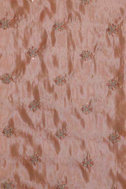 Gold Sequins And Zari Floral Booti Embroidery Work On Peach Pure Viscose Zari Tissue Fabric