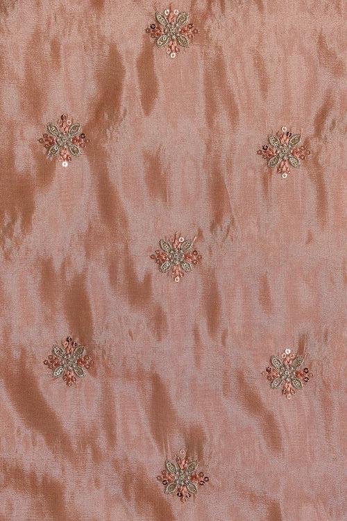 Gold Sequins And Zari Floral Booti Embroidery Work On Peach Pure Viscose Zari Tissue Fabric