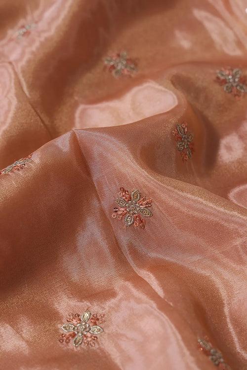 Gold Sequins And Zari Floral Booti Embroidery Work On Peach Pure Viscose Zari Tissue Fabric