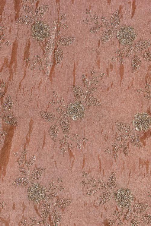 Gold Sequins And Zari Floral Embroidery Work On Peach Pure Viscose Zari Tissue Fabric