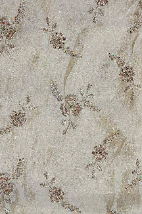 Gold Sequins And Zari Floral Embroidery Work On Pure Dyeable Viscose Zari Tissue Fabric