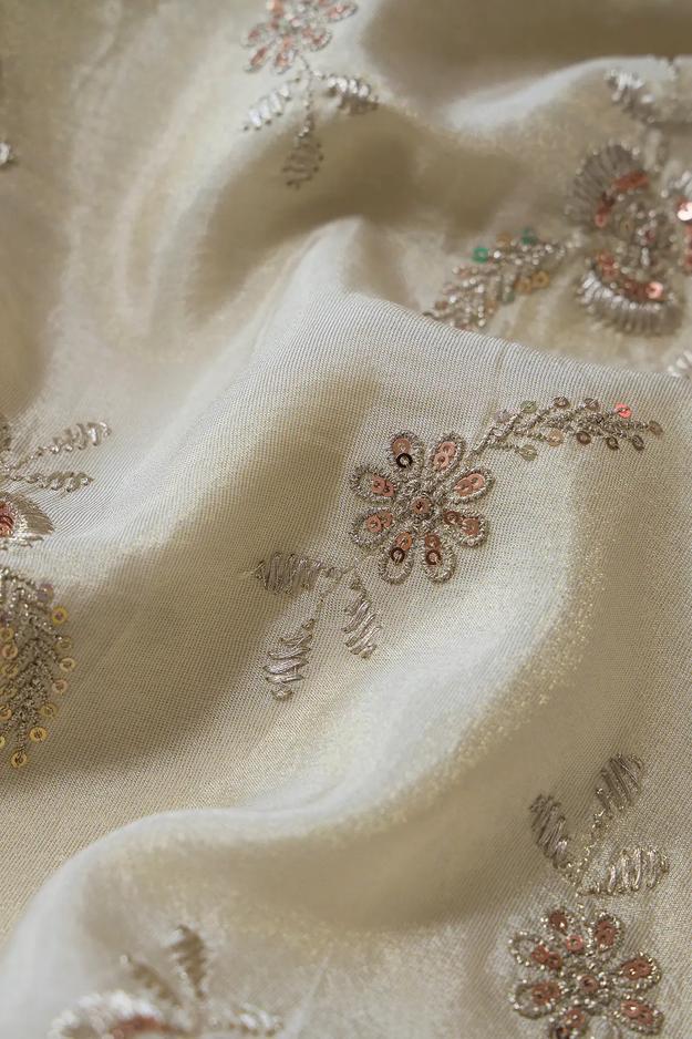 Gold Sequins And Zari Floral Embroidery Work On Pure Dyeable Viscose Zari Tissue Fabric