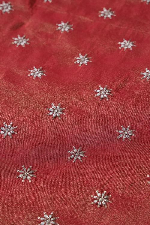 Gold Zari With Sequins Small Floral Booti Embroidery Work On Red Pure Viscose Zari Tissue Fabric