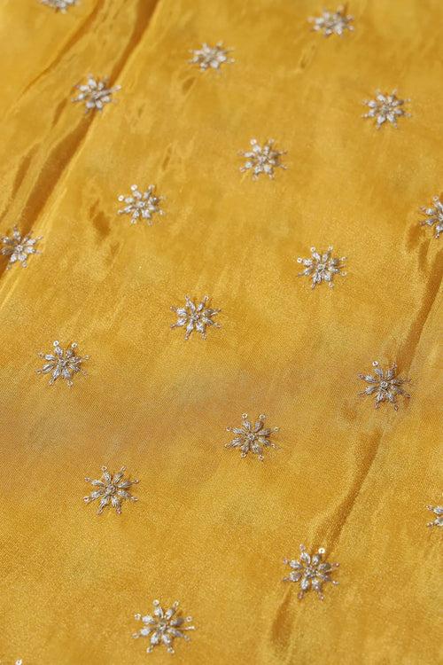 Gold Zari With Sequins Small Floral Booti Embroidery Work On Yellow Pure Viscose Zari Tissue Fabric