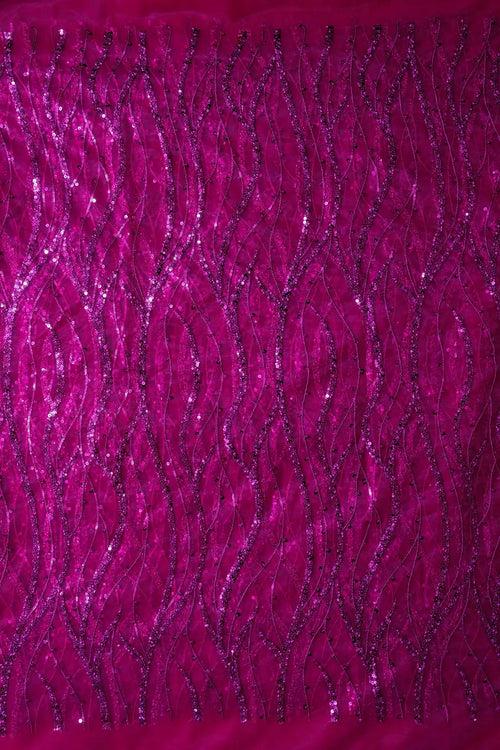 Beautiful Sequins With Fuchsia Thread Wavy Embroidery Work On Fuchsia Soft Net Fabric