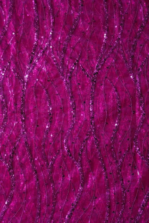 Beautiful Sequins With Fuchsia Thread Wavy Embroidery Work On Fuchsia Soft Net Fabric