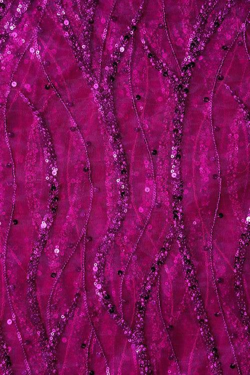 Beautiful Sequins With Fuchsia Thread Wavy Embroidery Work On Fuchsia Soft Net Fabric