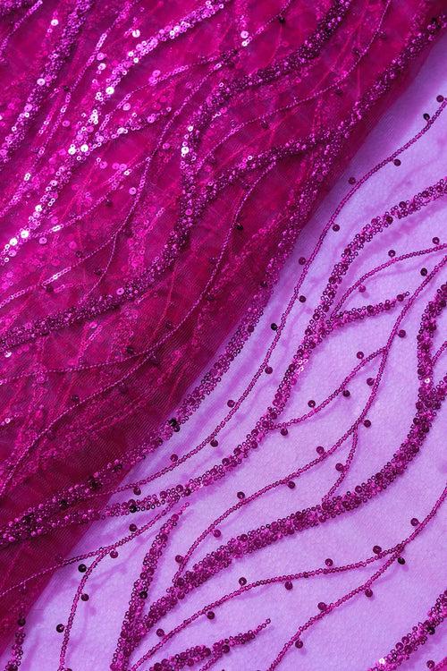 Beautiful Sequins With Fuchsia Thread Wavy Embroidery Work On Fuchsia Soft Net Fabric