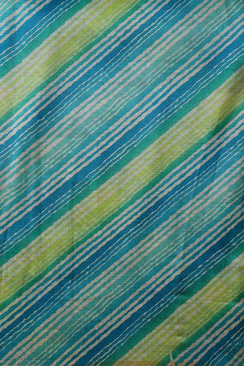 Blue And Light Green Stripes Pattern Digital Print On Mulberry Silk Fabric