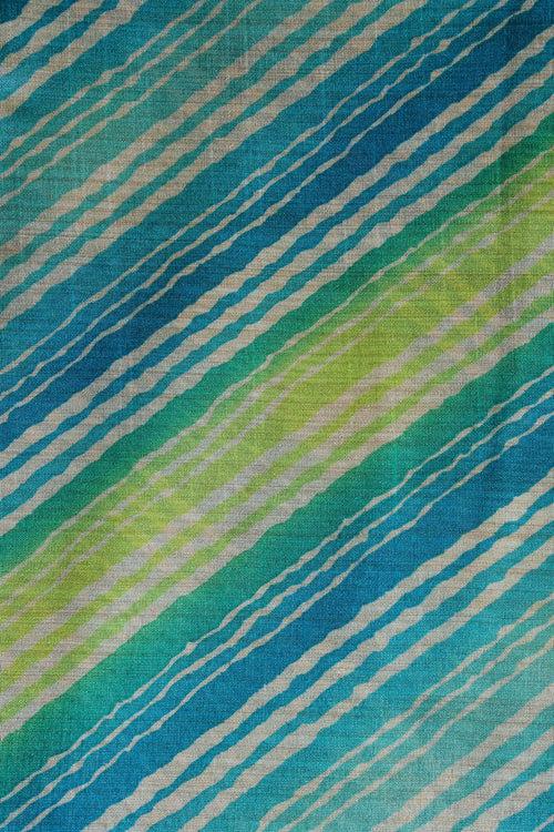 Blue And Light Green Stripes Pattern Digital Print On Mulberry Silk Fabric