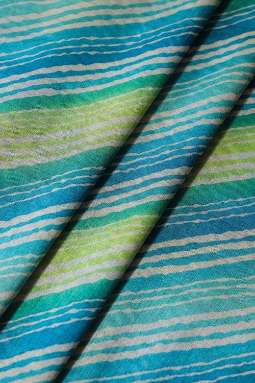 Blue And Light Green Stripes Pattern Digital Print On Mulberry Silk Fabric