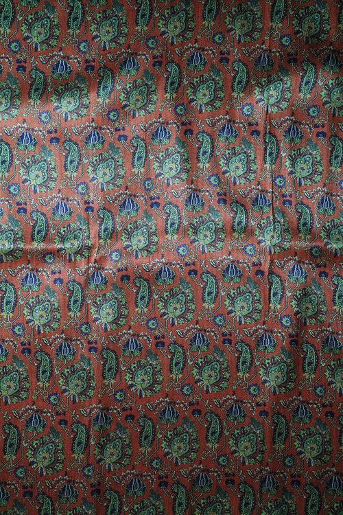 Blue And Brown Traditional Pattern Digital Print On Mulberry Silk Fabric