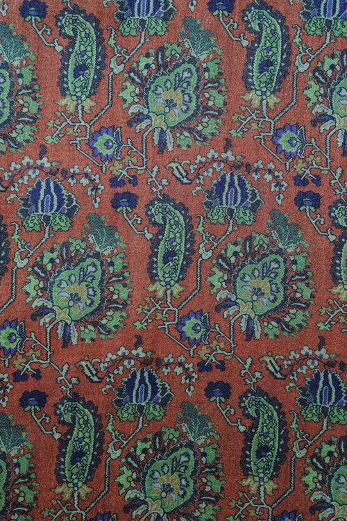 Blue And Brown Traditional Pattern Digital Print On Mulberry Silk Fabric